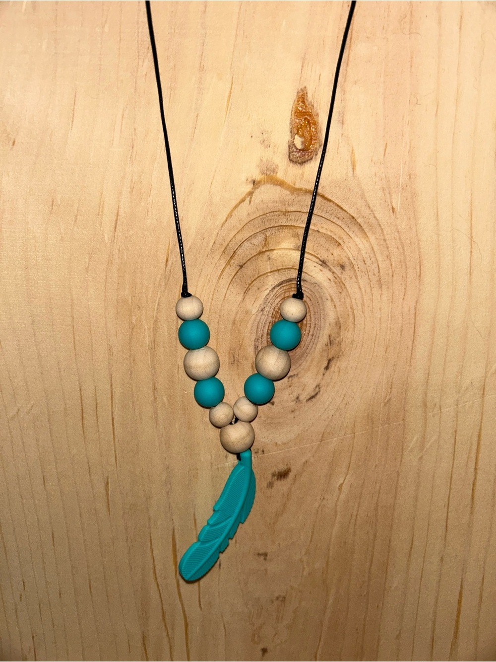 Turquoise and Natural Wood Beaded Feather Necklace
